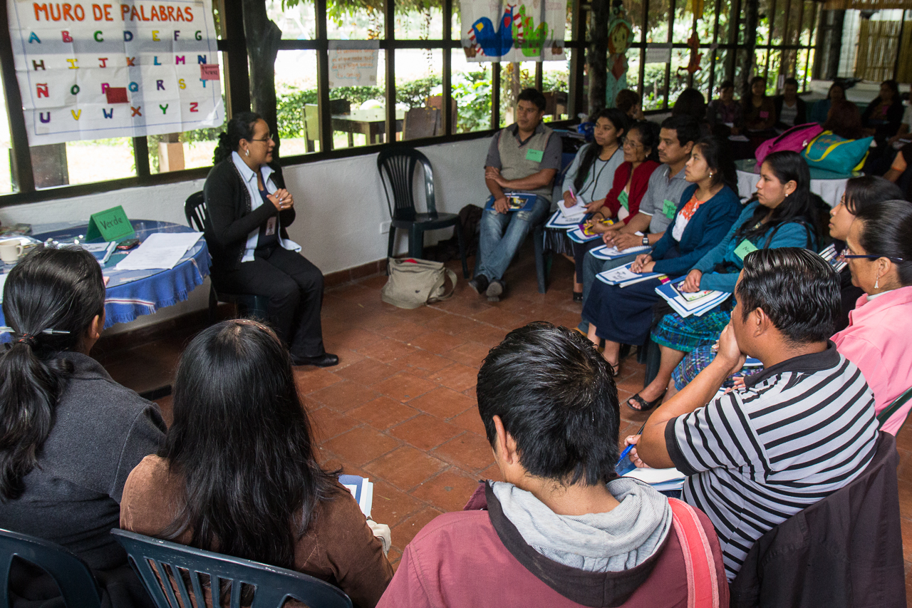 Literacy Trainer Nancy Samayoa leads a group of librarians in Child Aid's Adventures in Reading workshop.